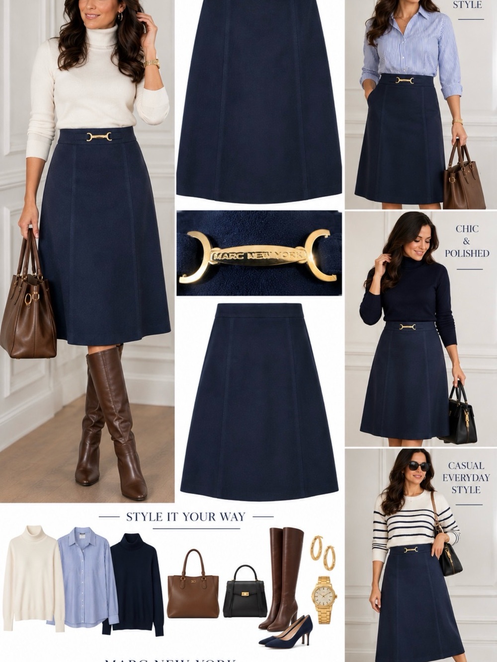 Sz Old Money  10/12 Marc New York Navy A-Line Midi Skirt with Gold Horsebit